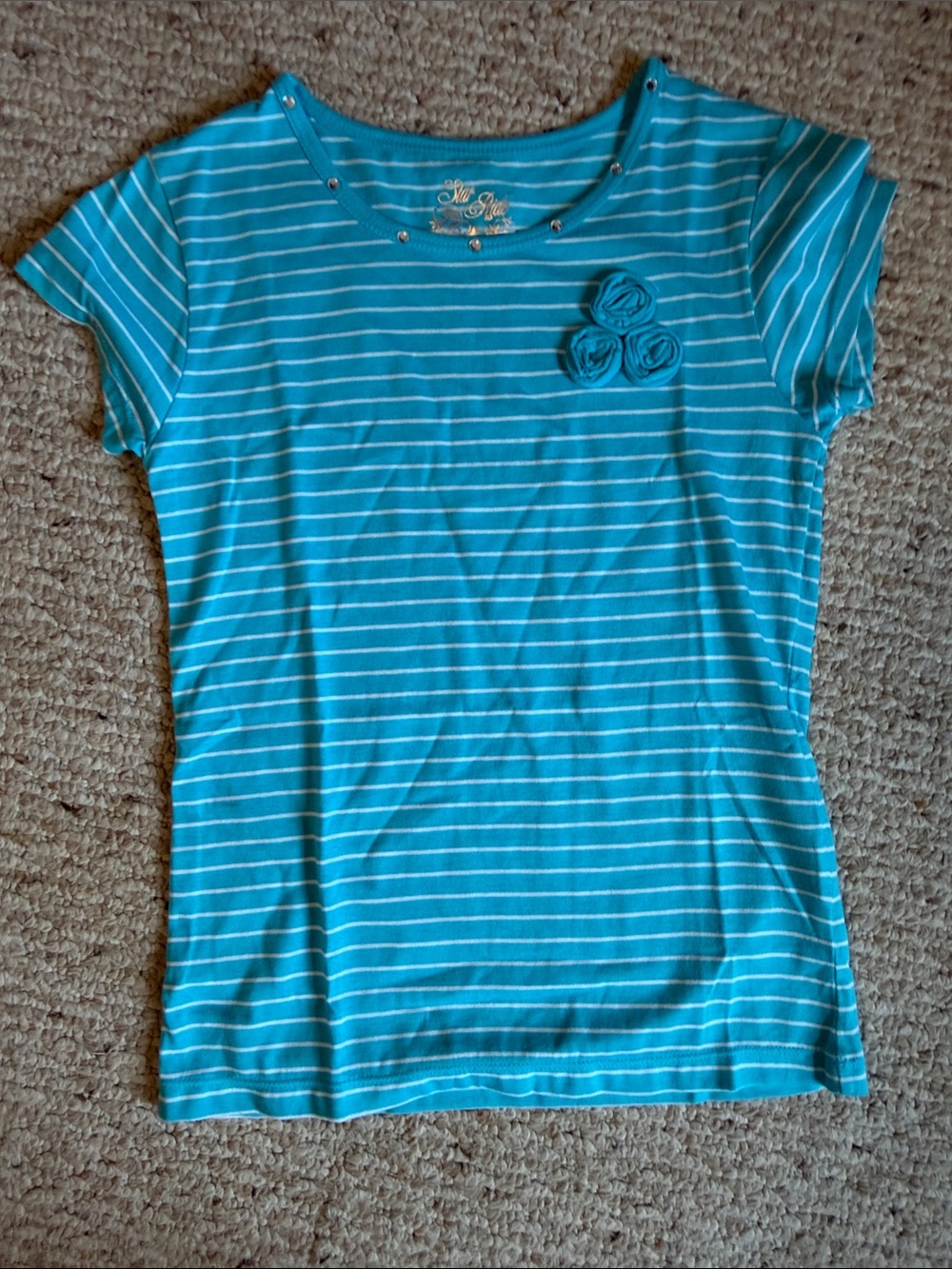 Girls' Striped Short Sleeve Tee with Floral Accent - Turquoise